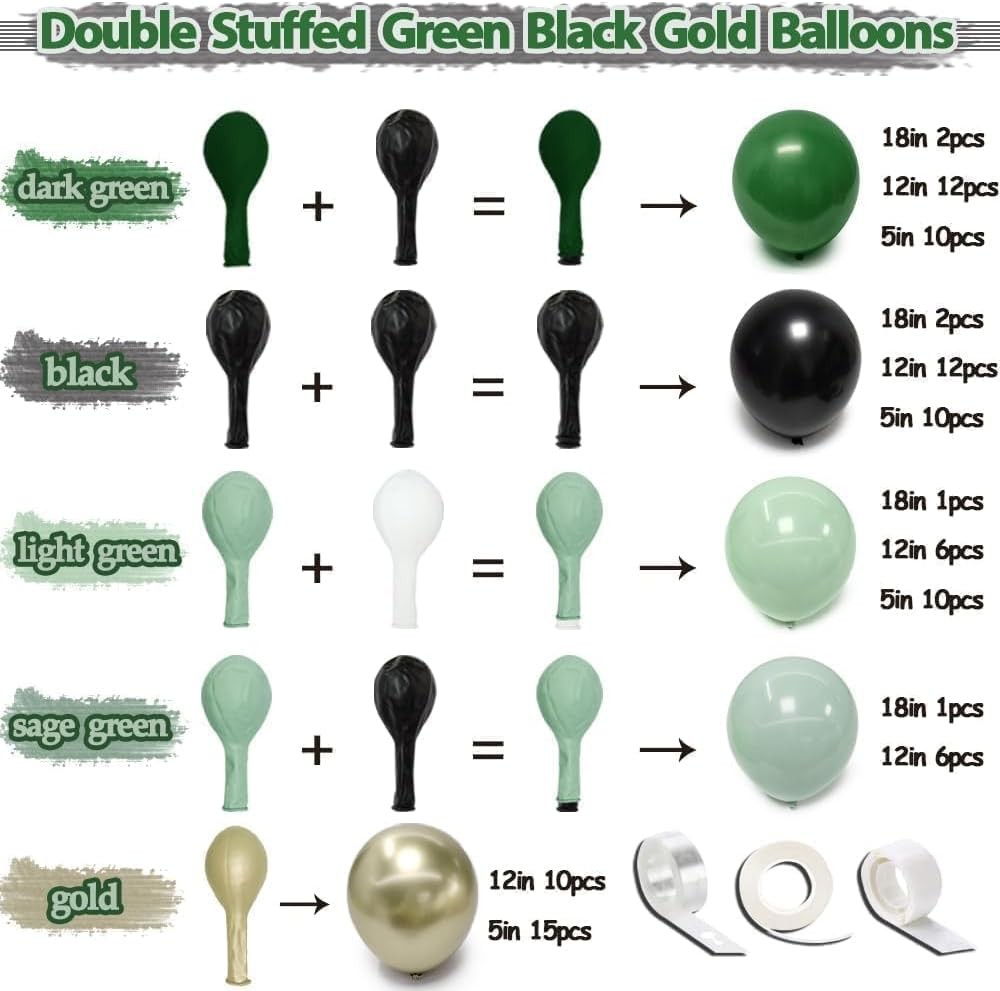 Green Gold Balloon Arch, Double Stuffed Black Gold Sage Emerald Dark Green Ba…