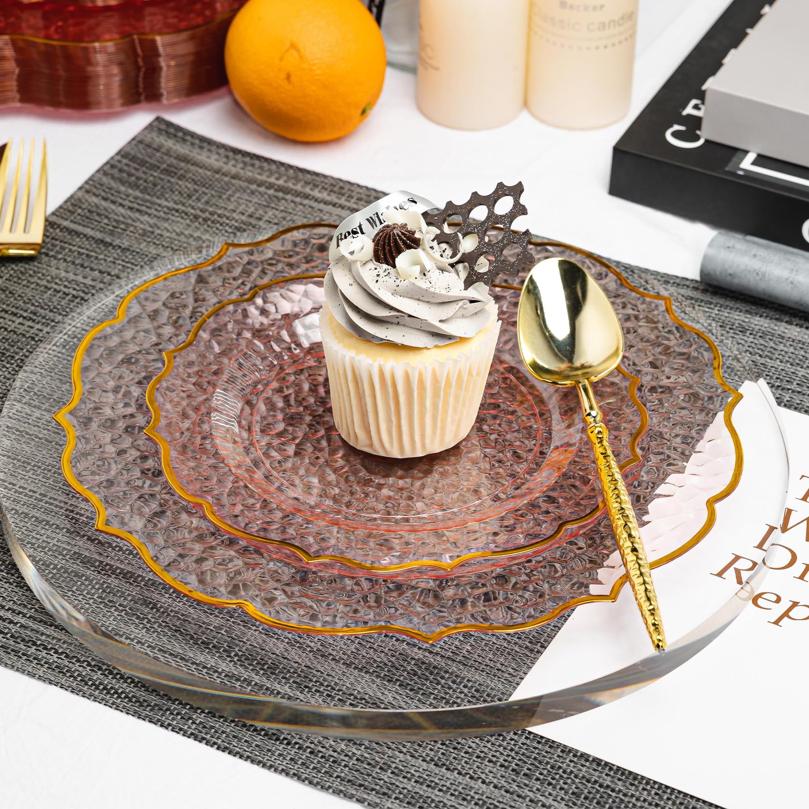 N9R 120 Clear and Pink Plastic Plates with Gold Rim, Stone Texture, Include 1…