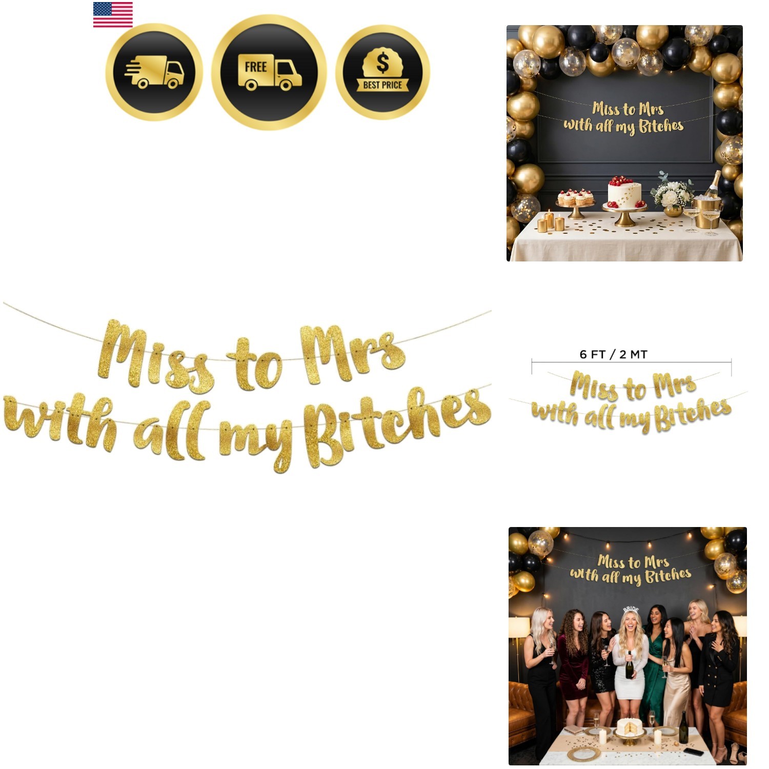 Bachelorette Party Banner Gold Glitter Pre Strung Decorations For Her