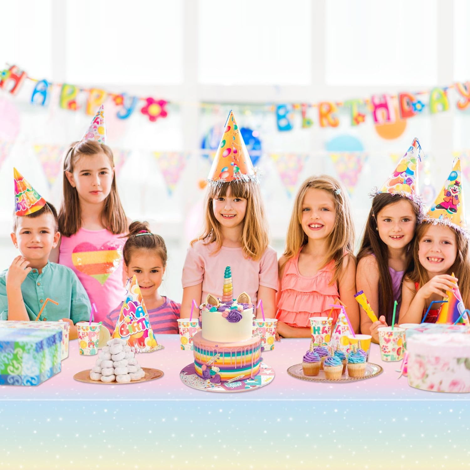 4 Pack Pastel Rainbow Tablecloths, 51X108” Plastic Disposable Rectangle Pastel