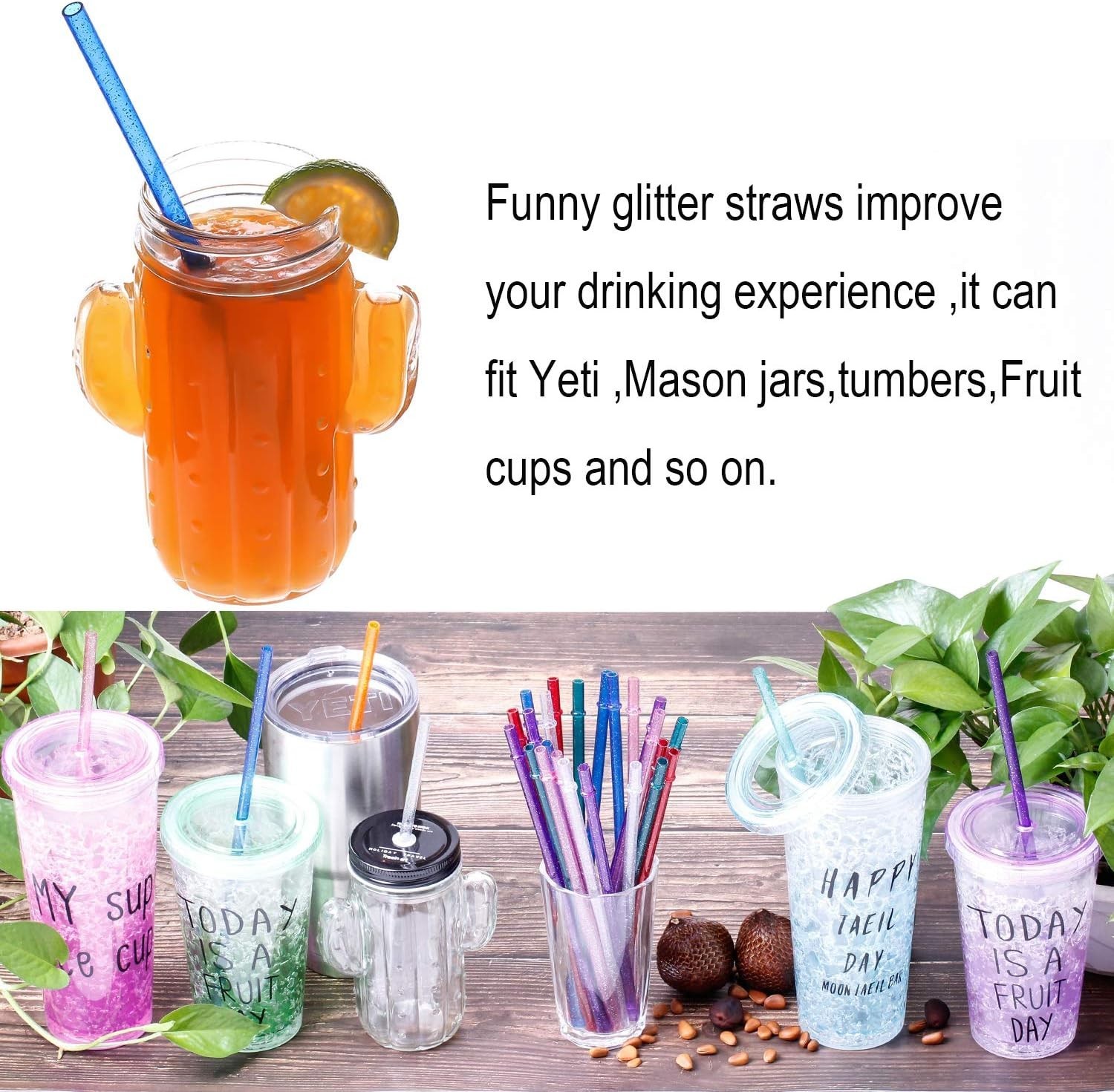 BPA-Free 12 Piece 9 Inch Reusable Clear Plastic Glitter Sparkle Drinking Stra…