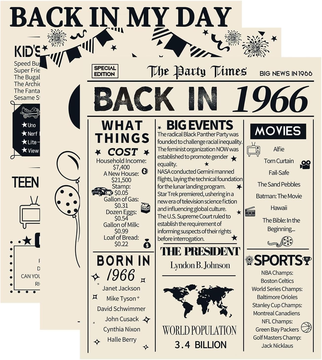 Retro 60th Birthday Decorations: 3 Vintage Posters Celebrating 1966 Memories