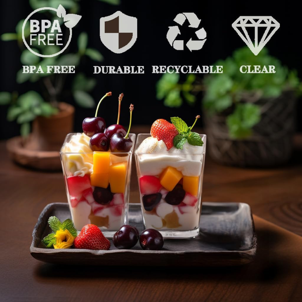 50Pack 5Oz Square Plastic Dessert Cups with Spoons, Reusable Clear Parfait Appet