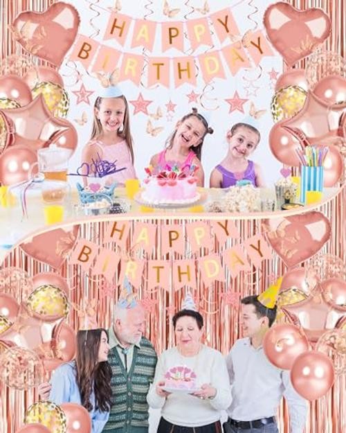 Happy Birthday Party Decorations, Happy Birthday Banner Foil Heart Rose Gold