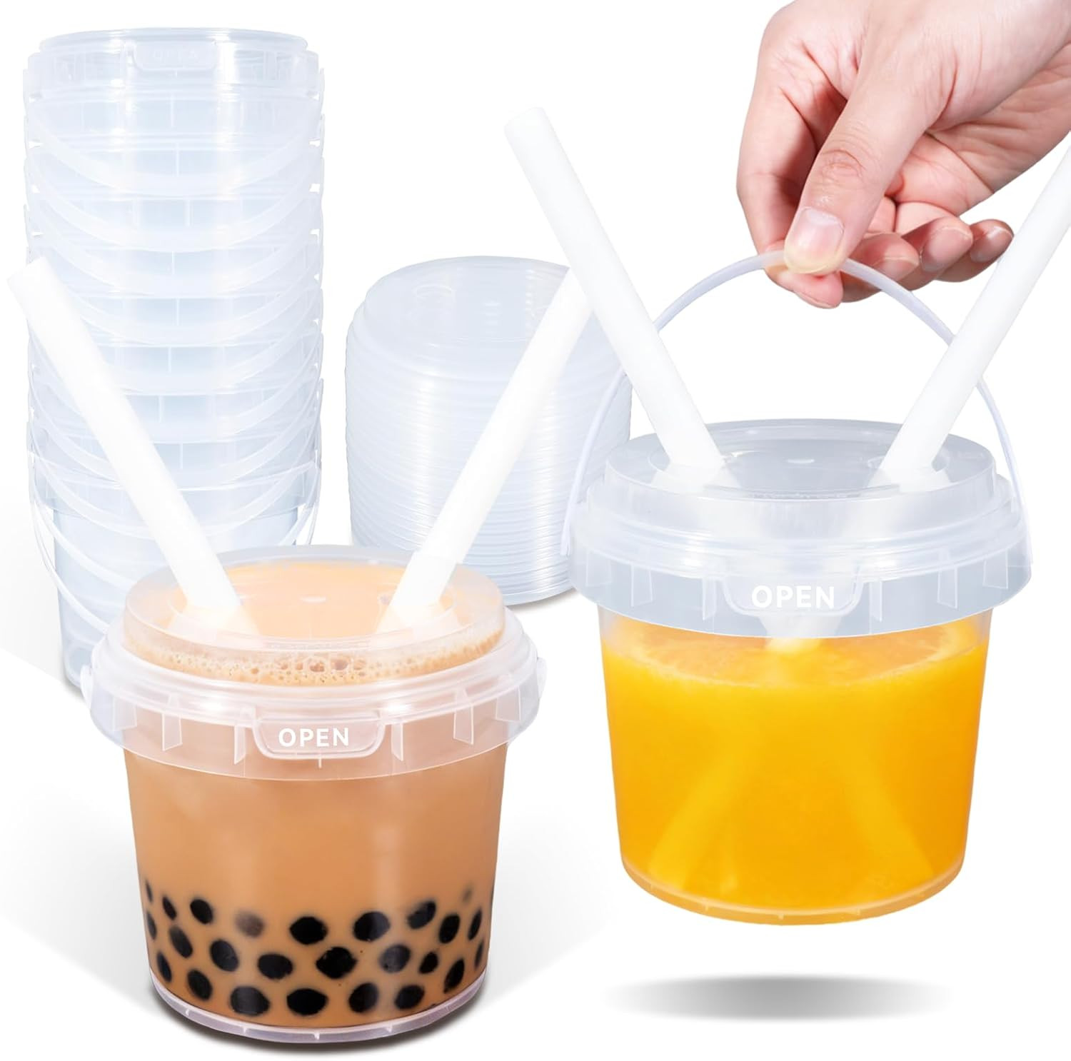 25Oz Reusable Plastic Drink Buckets with Lids and Straws – 10 Pack