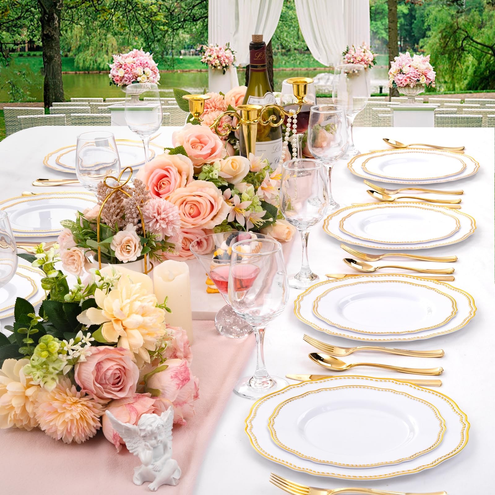 60pcs Gold Plastic Plates – White and Gold Disposable Dinnerware with Gold Ri…