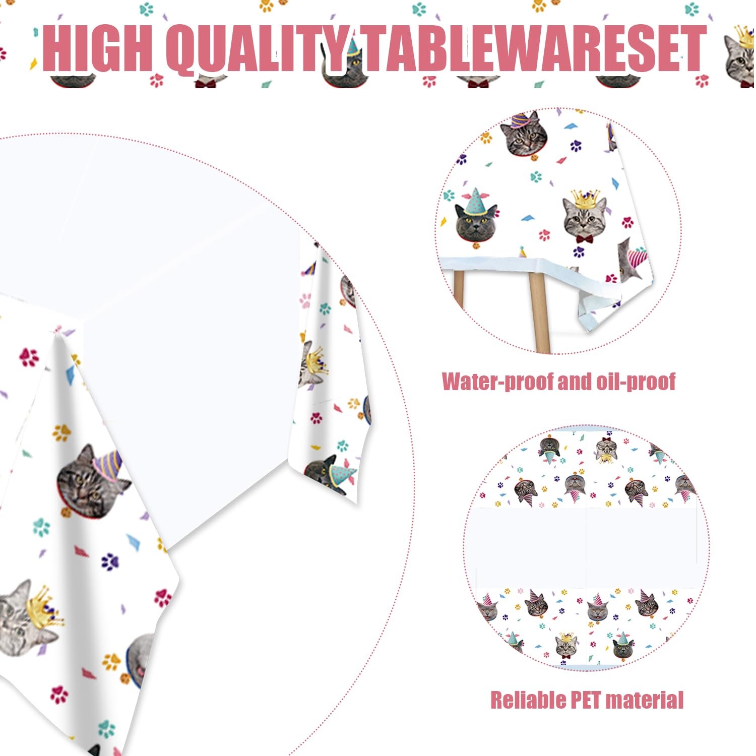 66 PCS Cat Birthday Party Decoration Plates Napkins Tablecloth Set 20 White