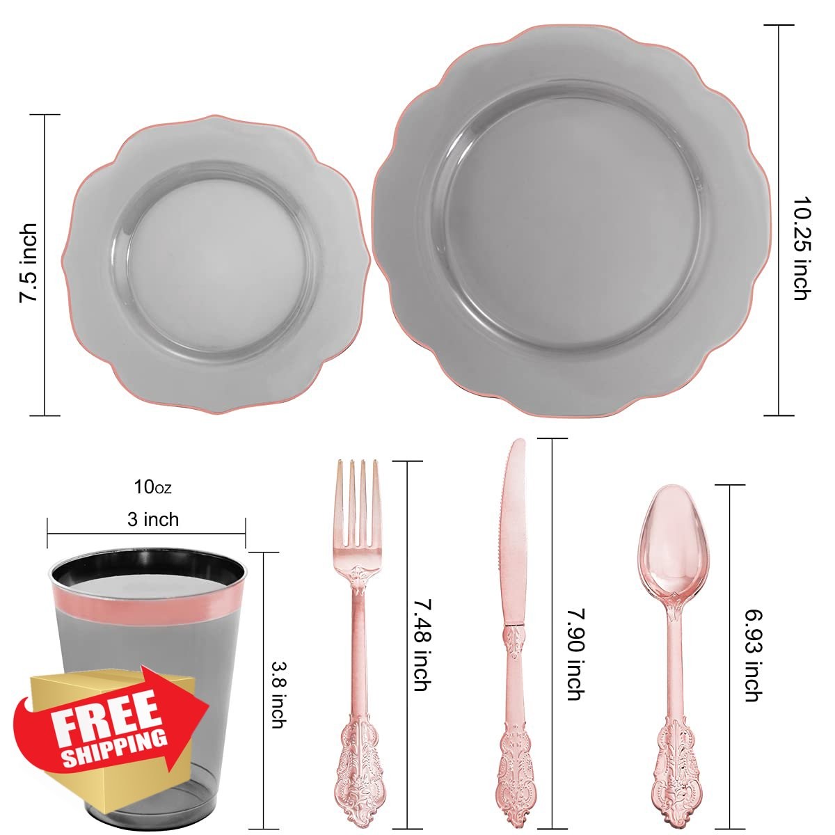 BUCLA Clear Black Rose Gold Plastic Plates and Silverware 30 Guests