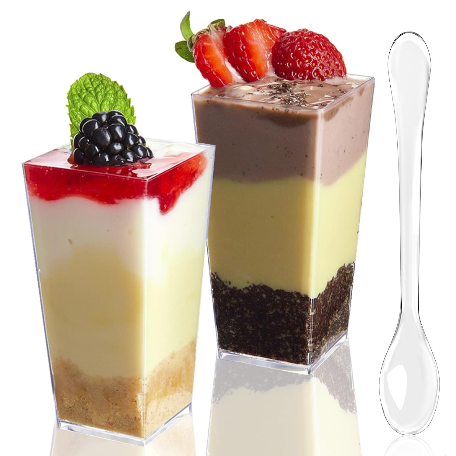 50 Pack 3 oz Square Mini Dessert Cups with Spoons Clear Plastic Dessert Shooter