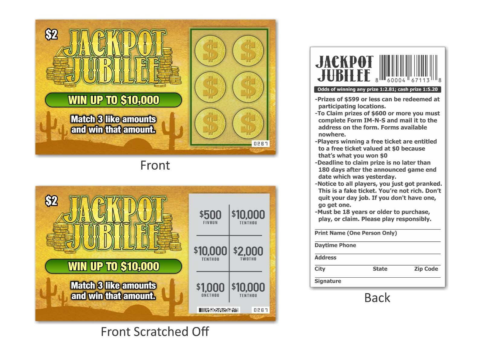 10 Prank Gag Fake Joke Lottery Lotto Ticket Scratch Off Card 10,000 Winner