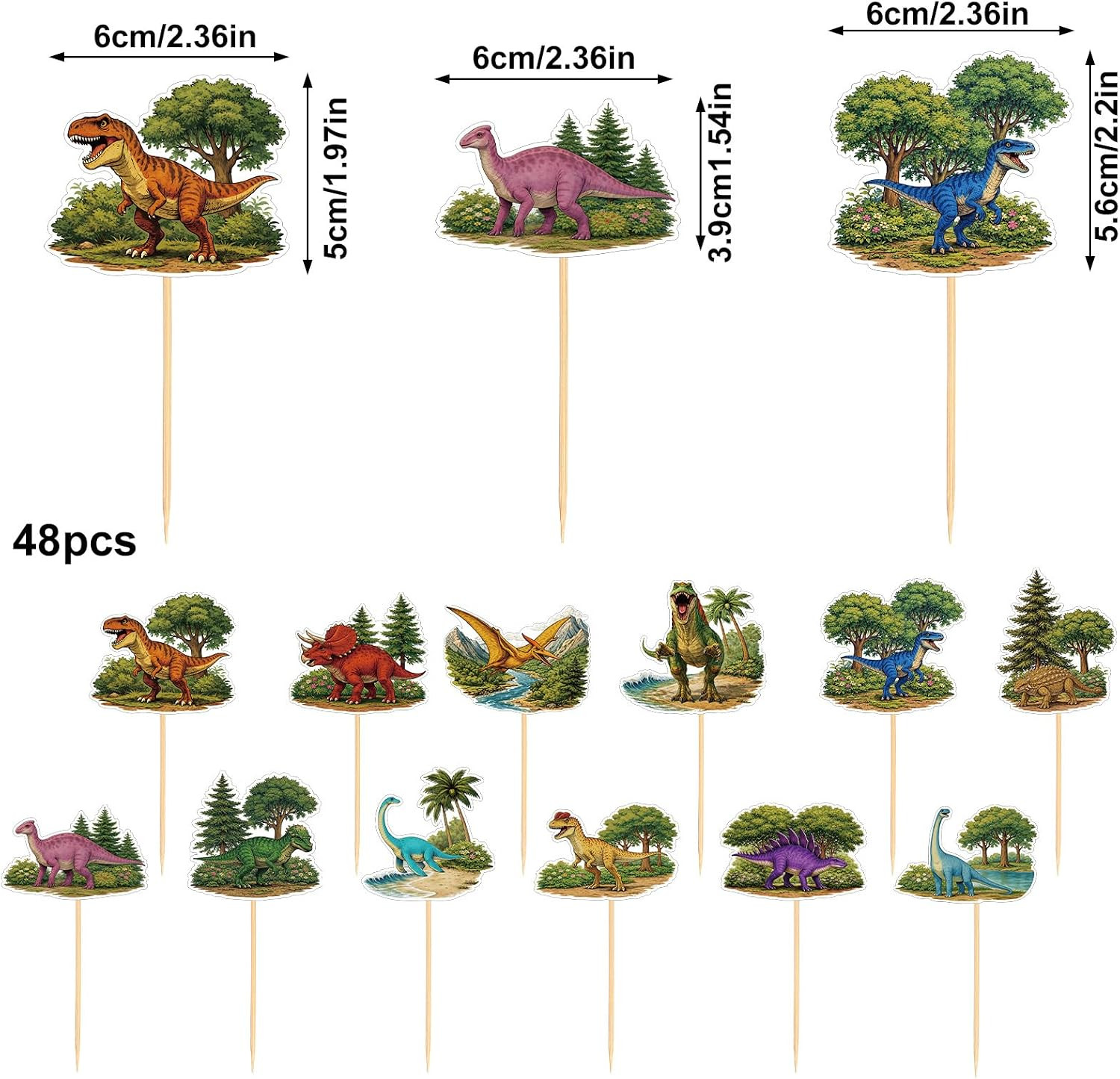 48Pcs Dinosaur Cupcake Toppers, Dinosaur Birthday Cake Decorations Dino Theme Cu