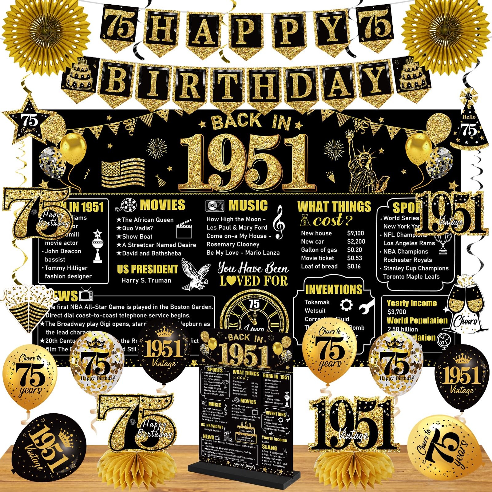 75th Birthday Decorations Kit for Men Women, Black Gold 24PCS Back in 1950