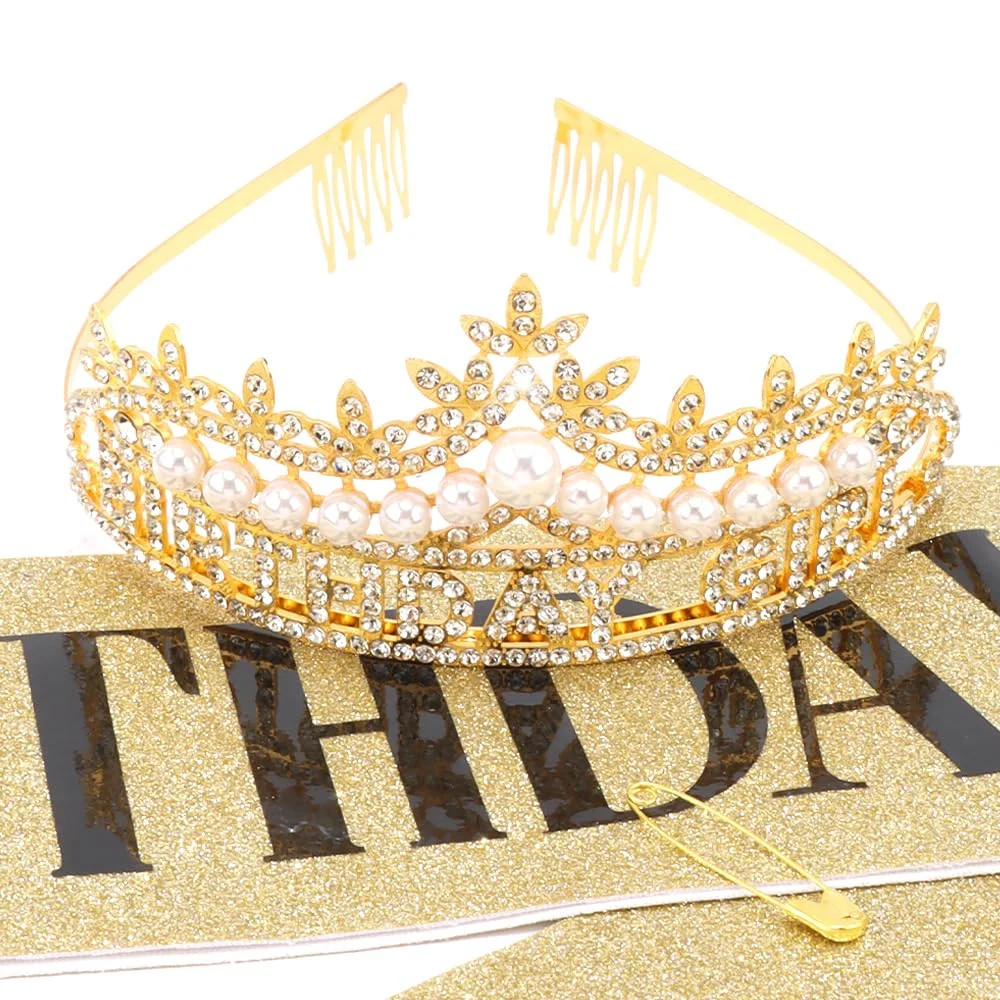 Gold Birthday Girl Crown and Sash, Pearl Birthday Tiara, Gold Birthdays Decorati