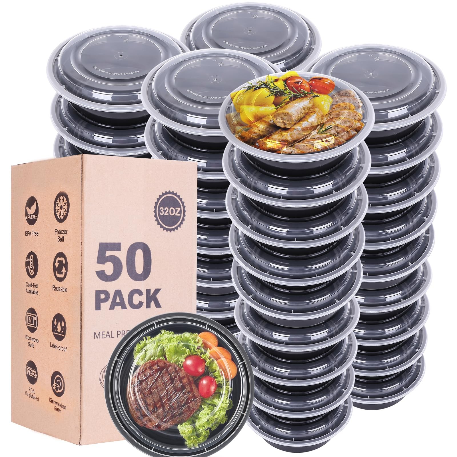 WGCC Meal Prep Containers with Lids – 50Pack 32OZ Meal Bowls, Round To Go Contai