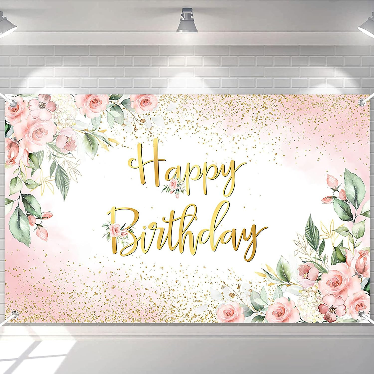 Rose Gold Birthday Backdrop for Women Pink Floral Golden Flash Happy Birthday Pa