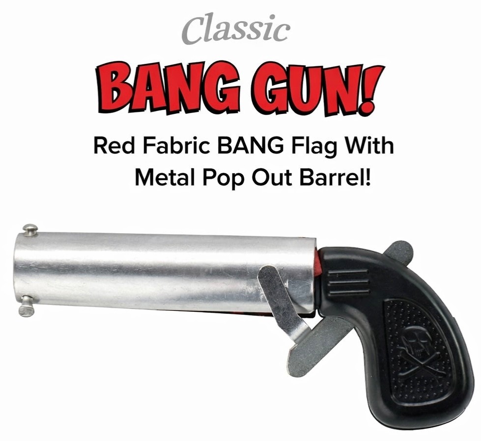 1 BANG GUN RED FLAG Clown Comedy Gag Toy Joke Stage Prop Joker Fake Metal Pistol