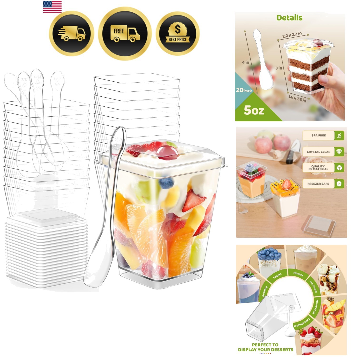 Dessert Cups Set 20pcs 5 Oz Plastic Parfait Cups with Lids Spoons for Party