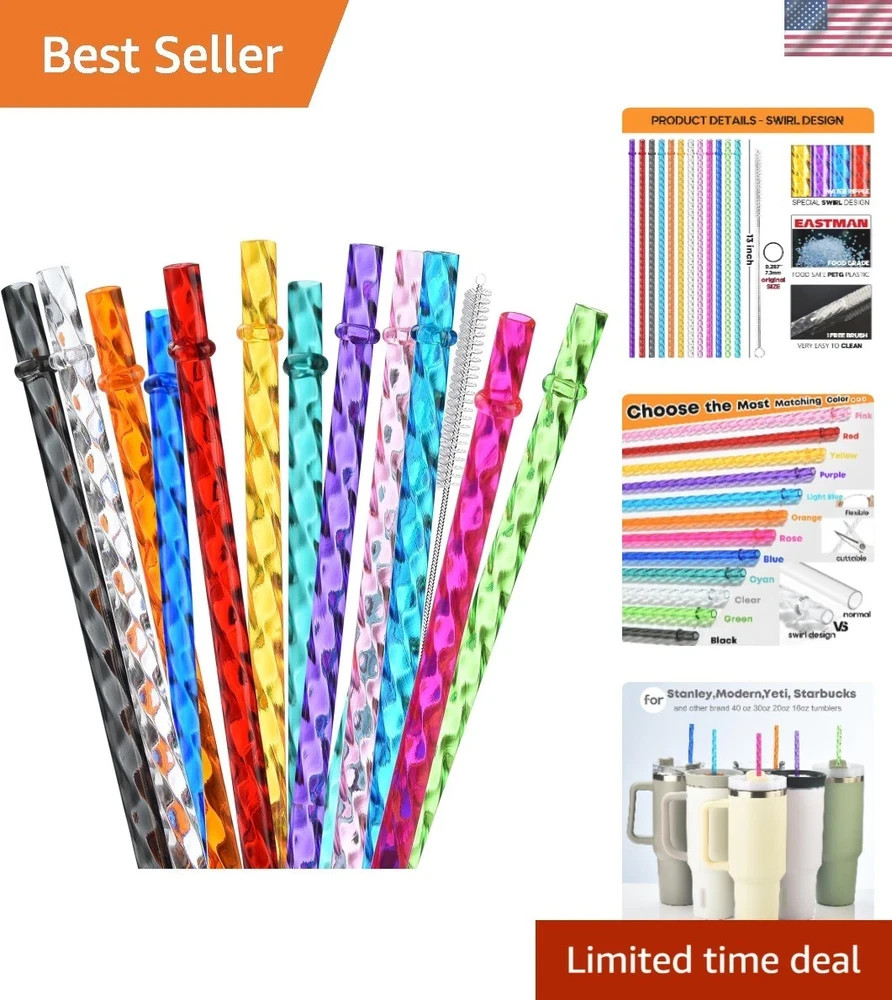 ALINK 12-Pack Reusable Plastic Clear Swirl Straws, 13″ Extra Long Colorful Hard
