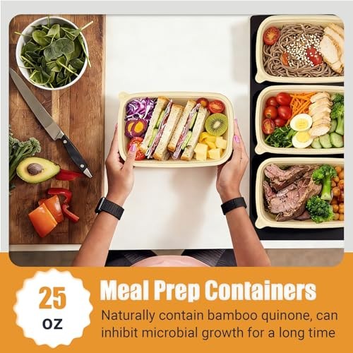 50Pack Meal Prep Containers Reusable with Lids, 25oz Bamboo-Powder Food