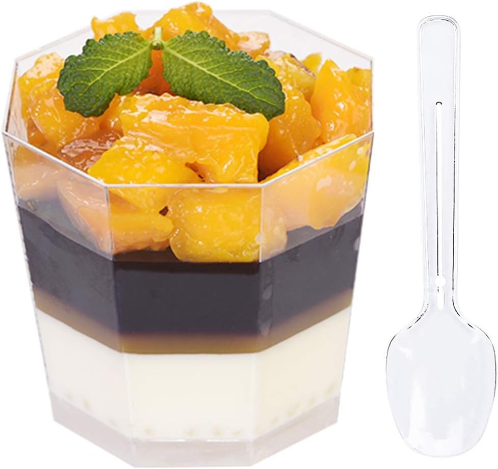 100 Pack 5.4 oz. Clear Plastic Dessert Cups with 100 Spoons Disposable Reusable