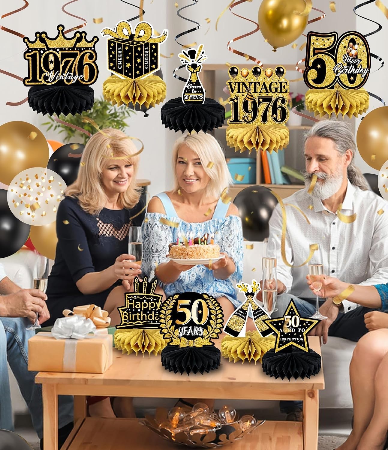 Retro 50th Birthday Decor – 9 Honeycomb & Cardboard Pieces – Easy Assembly