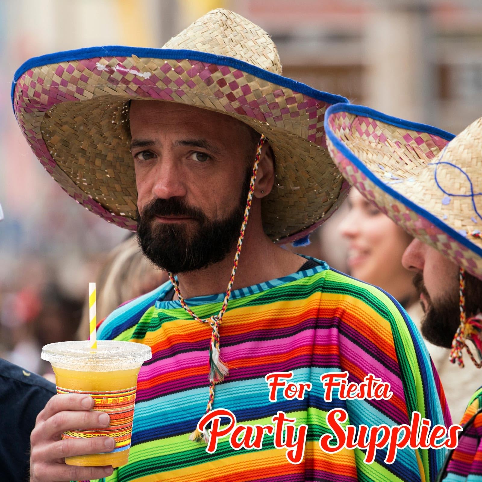 100 Pack 12 oz Fiesta Plastic Cups with Lids and Paper Straws Mexican Clear D…