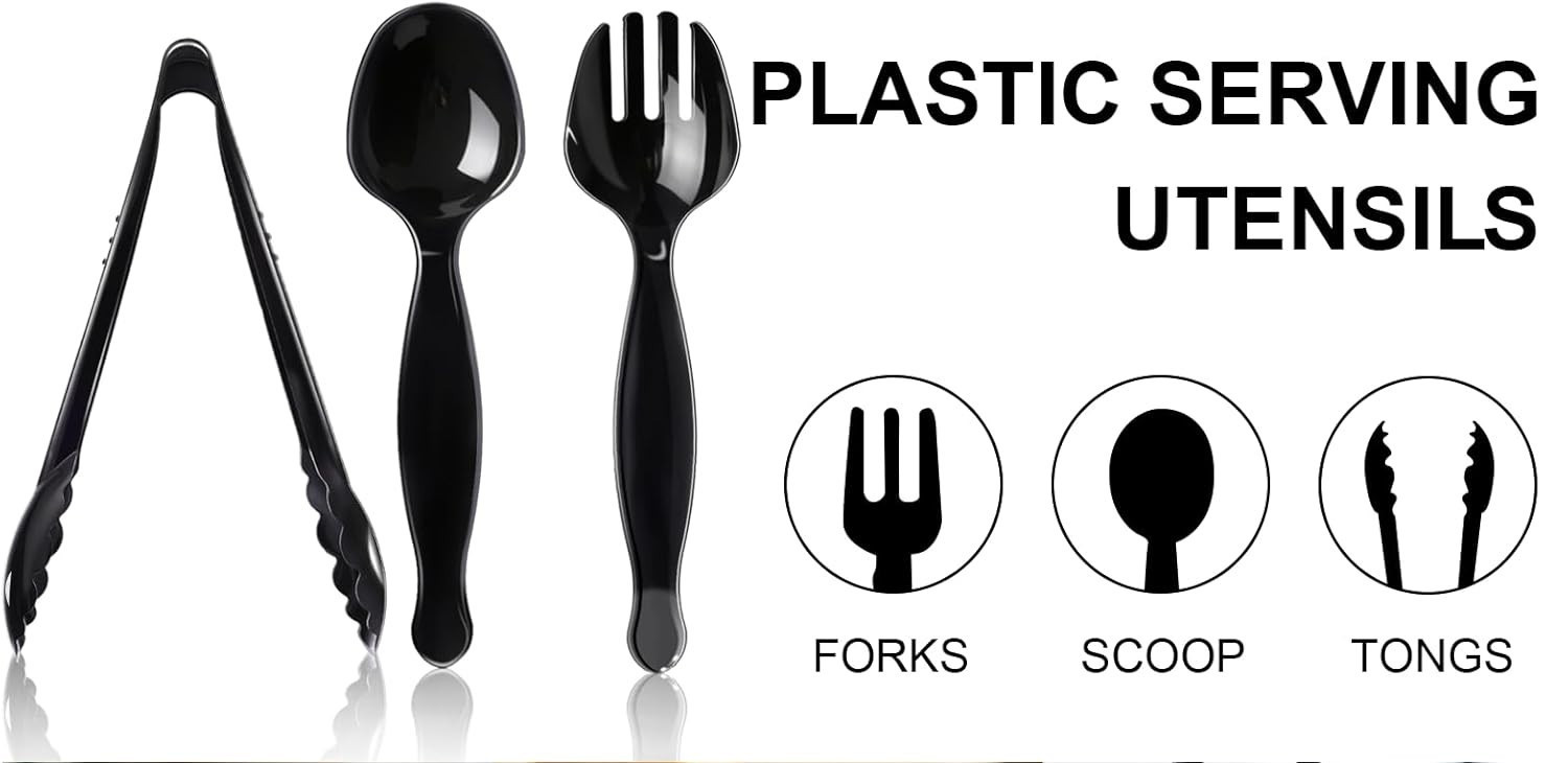 15 Pcs Disposable Black Plastic Serving Utensils, 5 Spoons, 5 Forks, and 5 Tongs