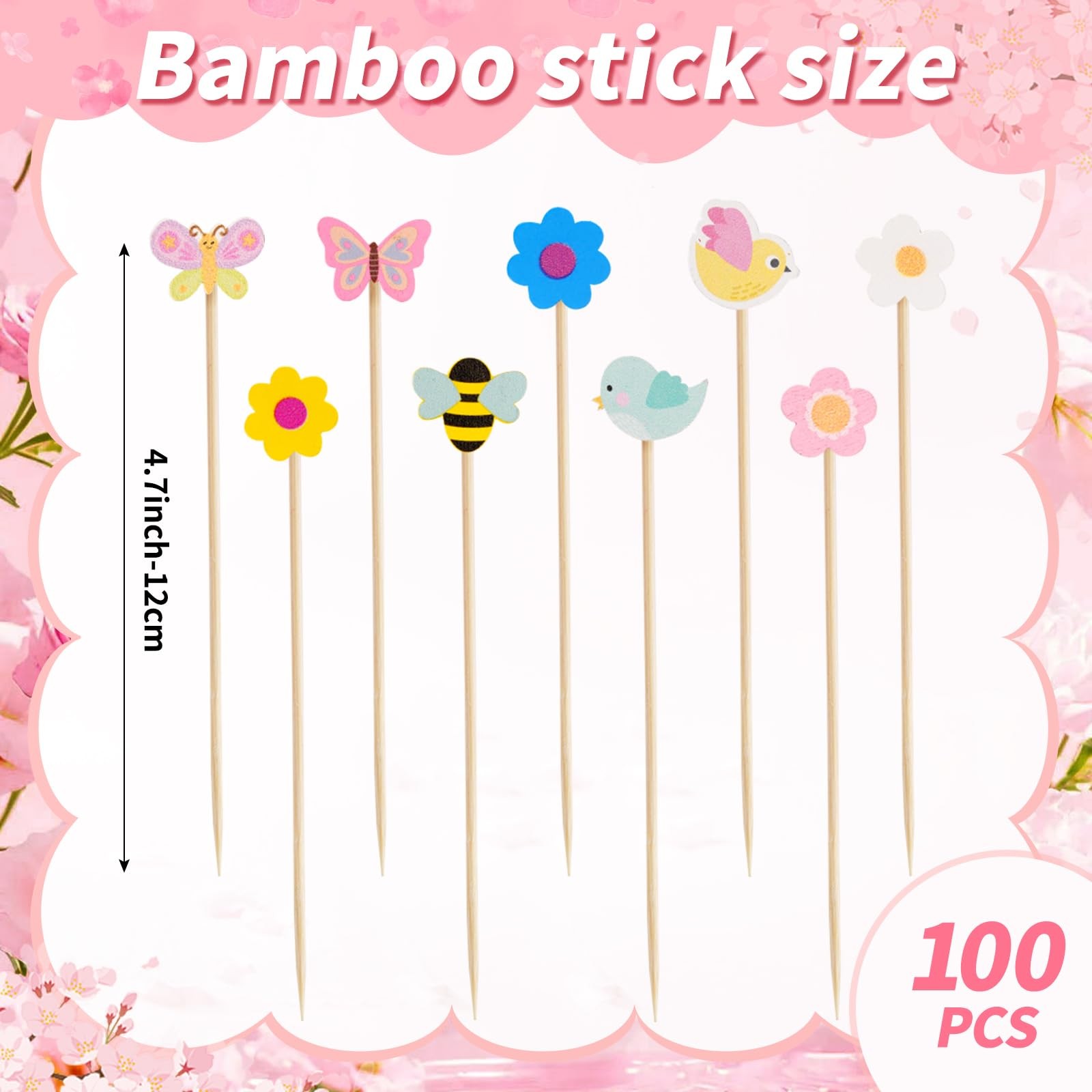 100 PCS Spring Floral Toothpicks – Colorful Flowers, Birds, Bees & Butterflie…