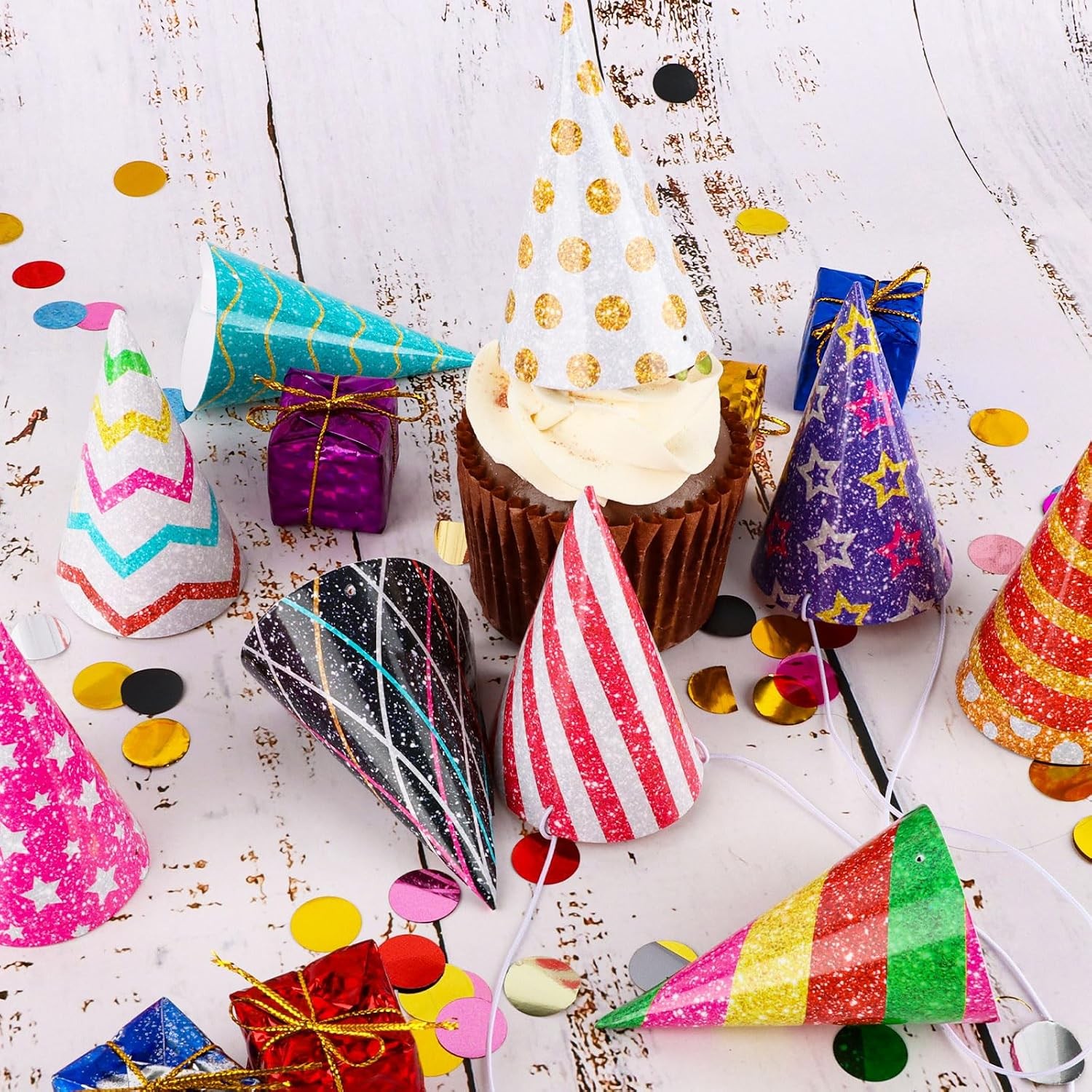 10Pcs Glitter Mini Party Cone Hats Set