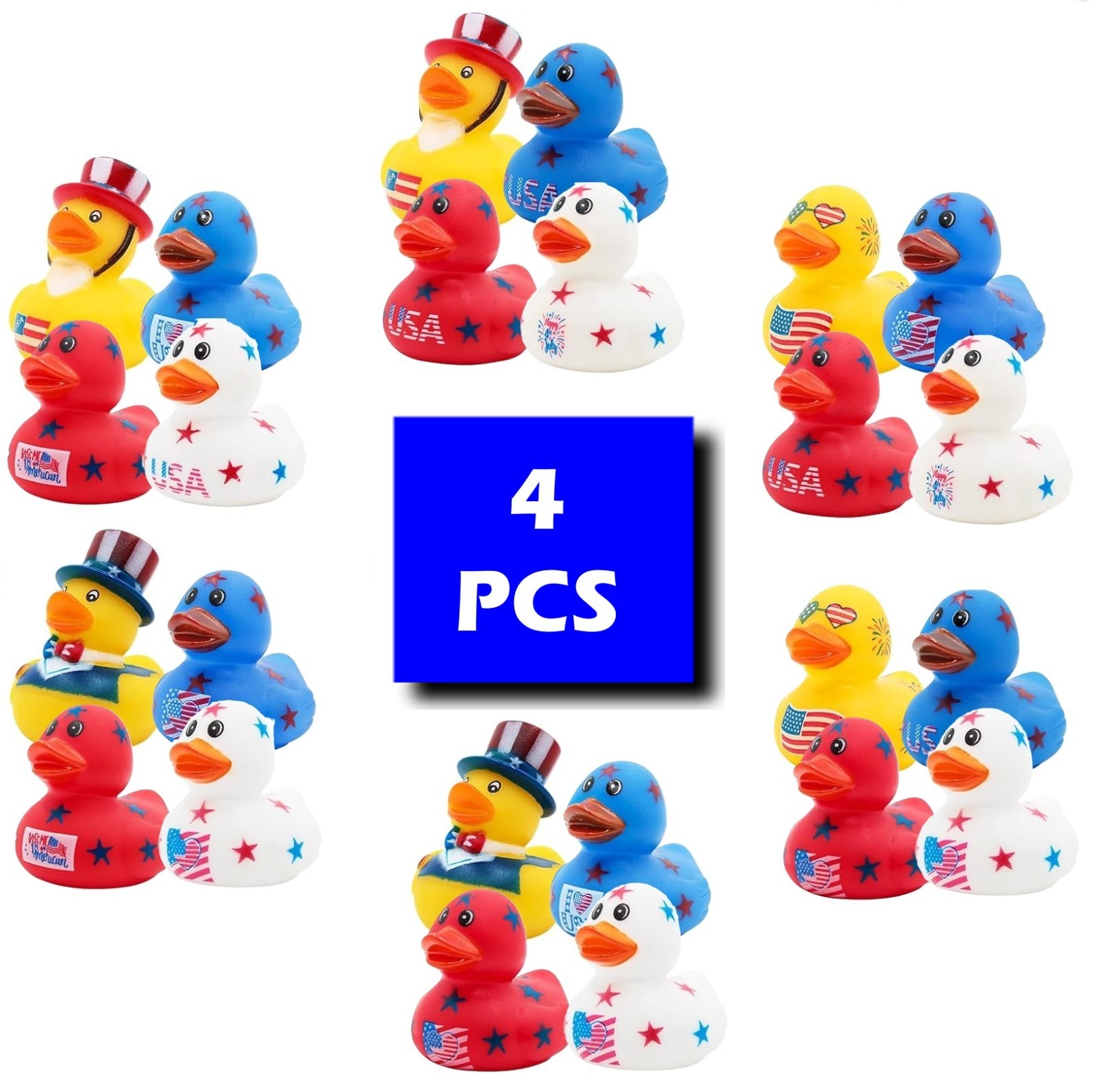 4PCS – 2″ Patriotic Rubber Ducks, USA, Random Sets, 4 Diff Ducks in Each Set