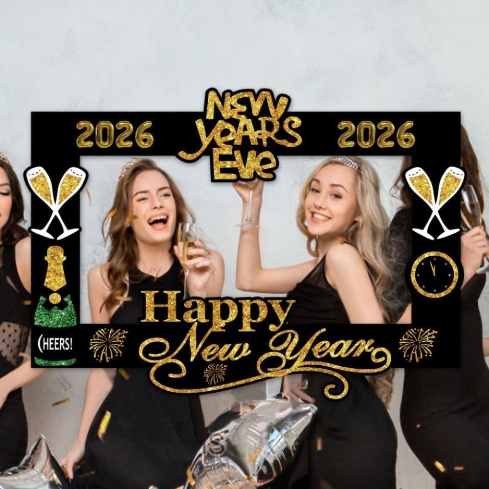 2026 Glitter Happy New Year’s Eve Party Photo Booth Props Supplies with Paper