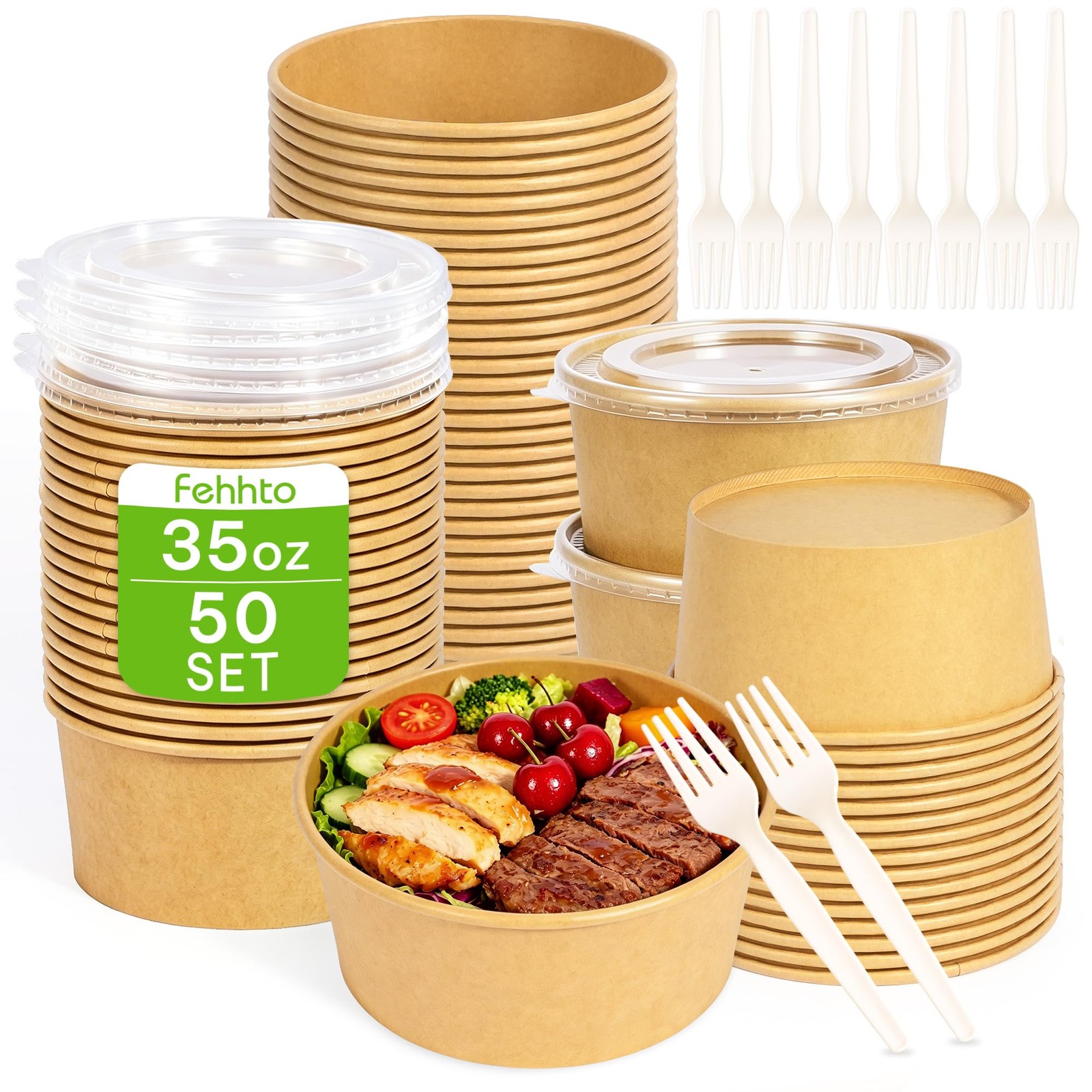 50-Pack 35oz Disposable Meal Prep Containers with Lids and Forks, Compostable…