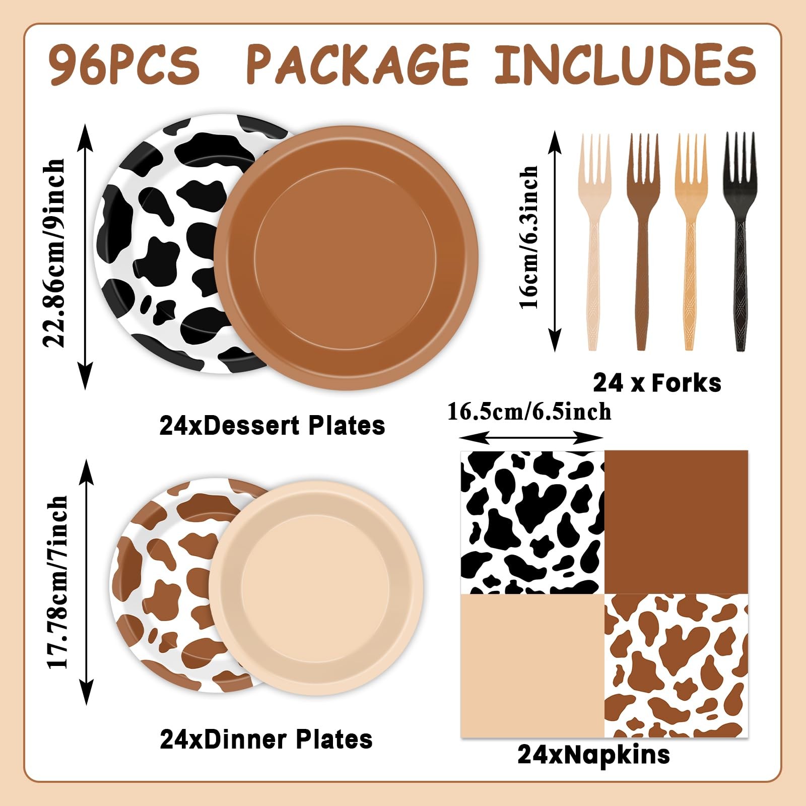 96PCS Western Cowboy Party Plates and Napkins Cow Print Party Supplies Brown …