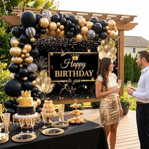 Happy Birthday Backdrop Banner for Photo Booth, Large 59 x 39 Inches Black Gold