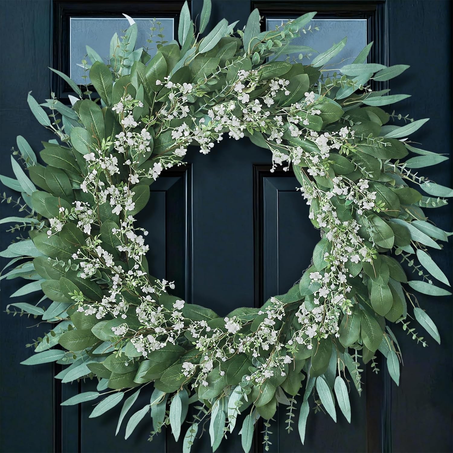 32” Eucalyptus and Babys Breath Flowers Wreath for Front Door – Large