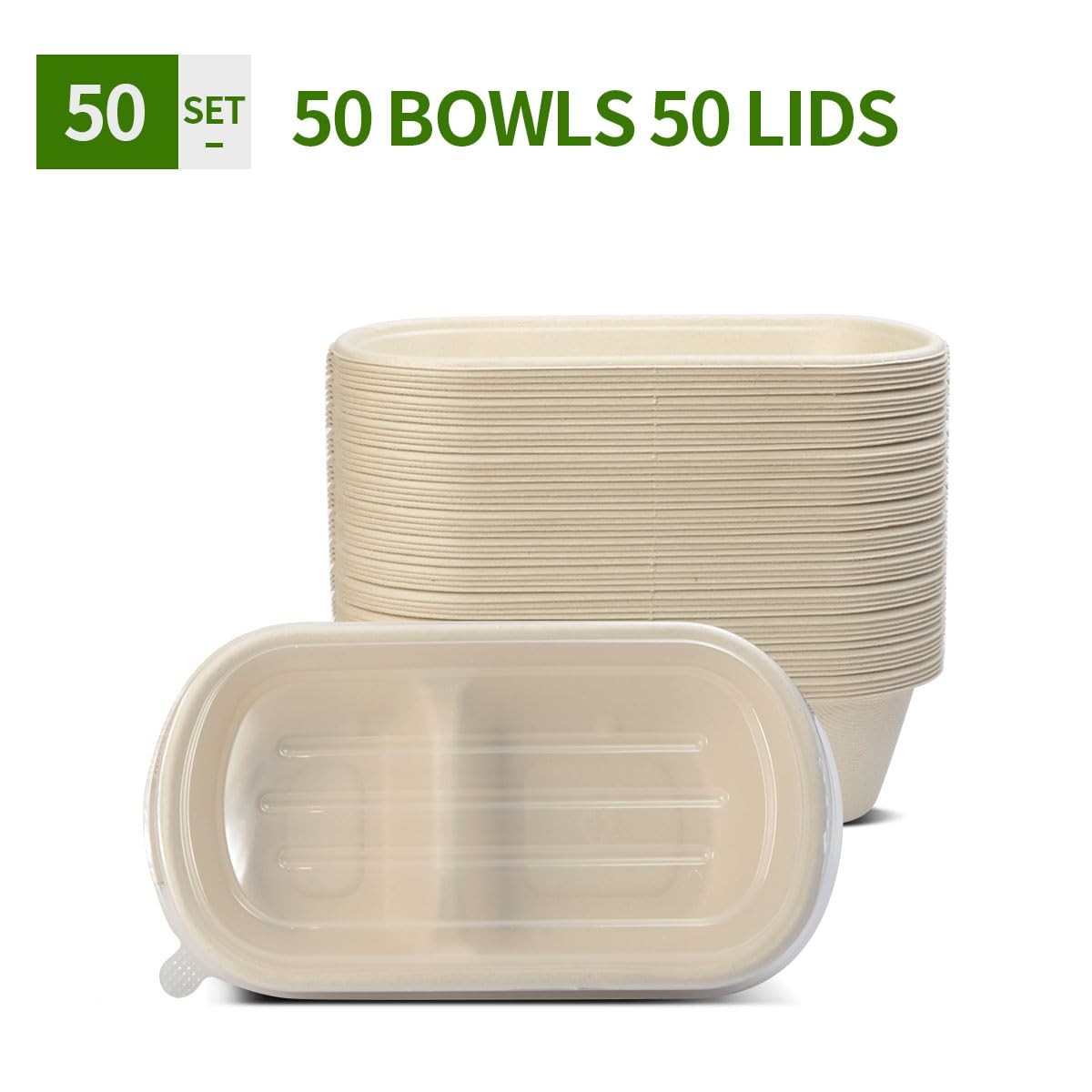 50 Pack Large 2 Compartment Paper Bowls with Lids, Divider Food Containers Di…