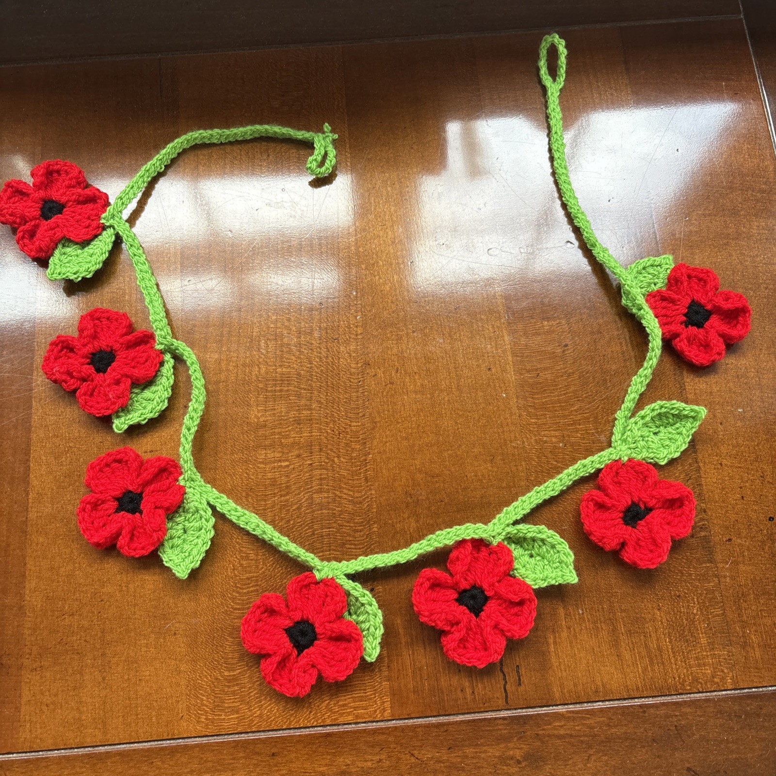 Handmade Crocheted Poppy & Leaf Bunting Garland Home Decor