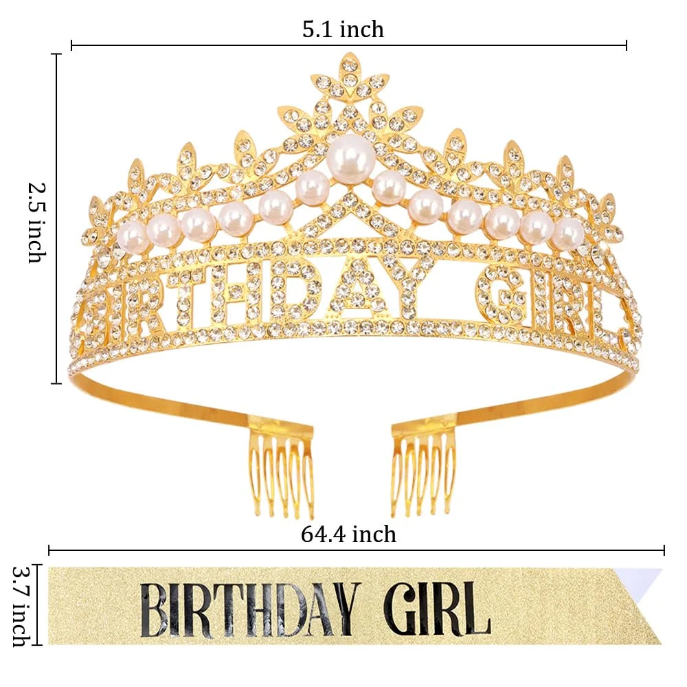 Gold Birthday Girl Crown and Sash, Pearl Birthday Tiara, Gold Birthdays Decorati