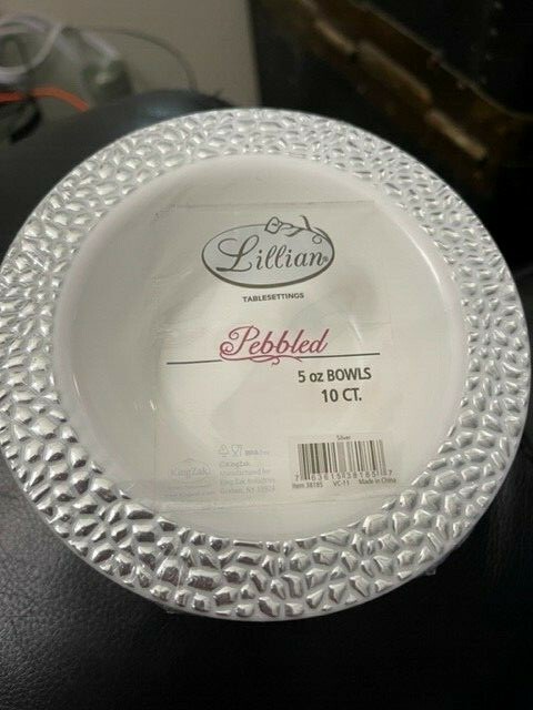 Pebbled Disposable White Soup Bowls Silver Rim 5oz For All Occasion 10Count New!