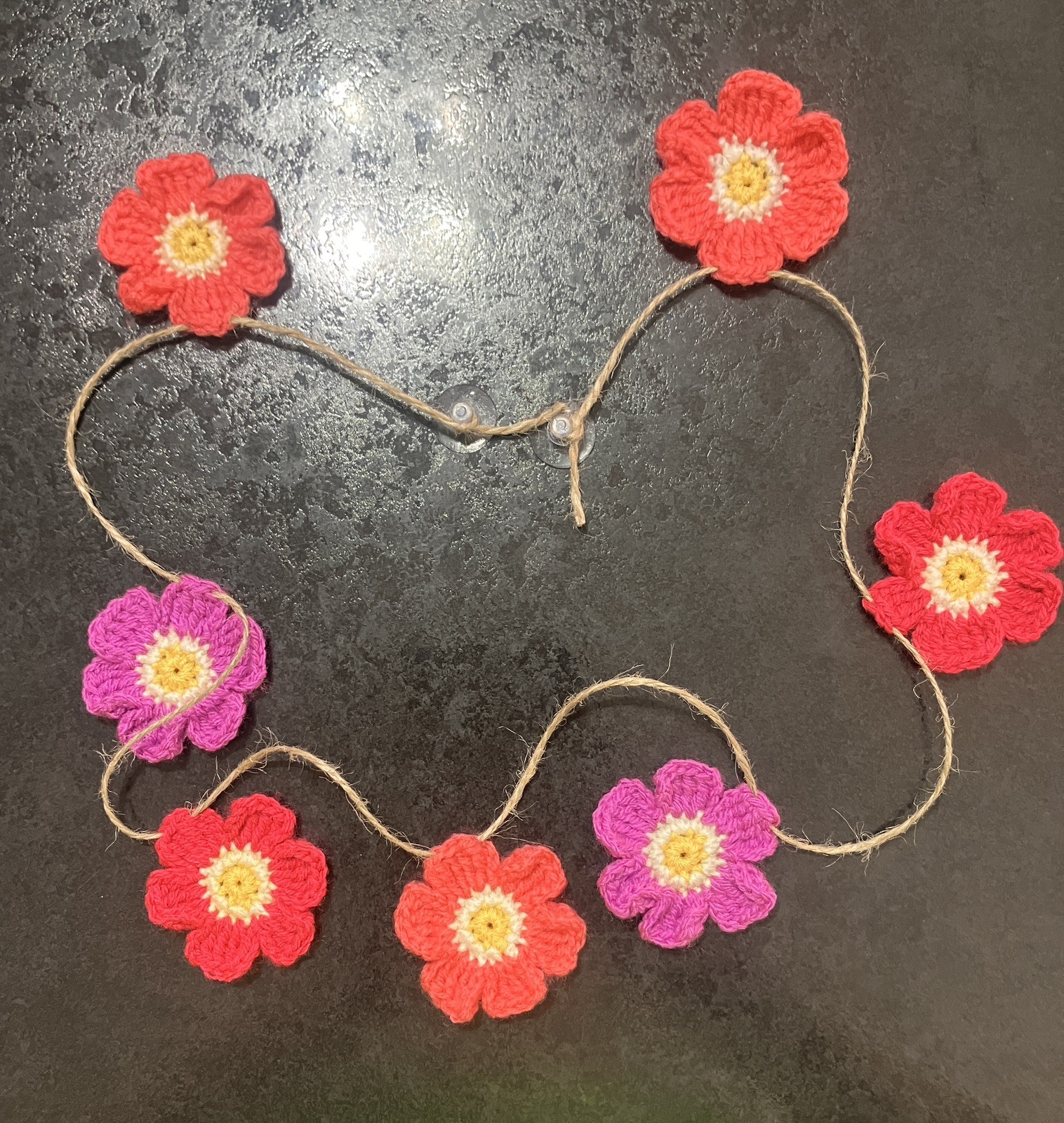 🌸NEW Hand Crochet PRETTY jute 7 Flowers Bunting Window Camper Summer 35” Gift