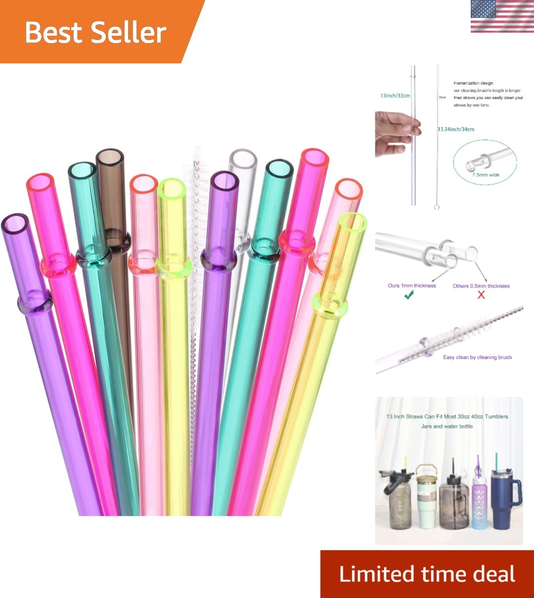 BPA-Free 13” Reusable Straws with Brush – Ideal for Hydro Flasks & Yeti Tumblers