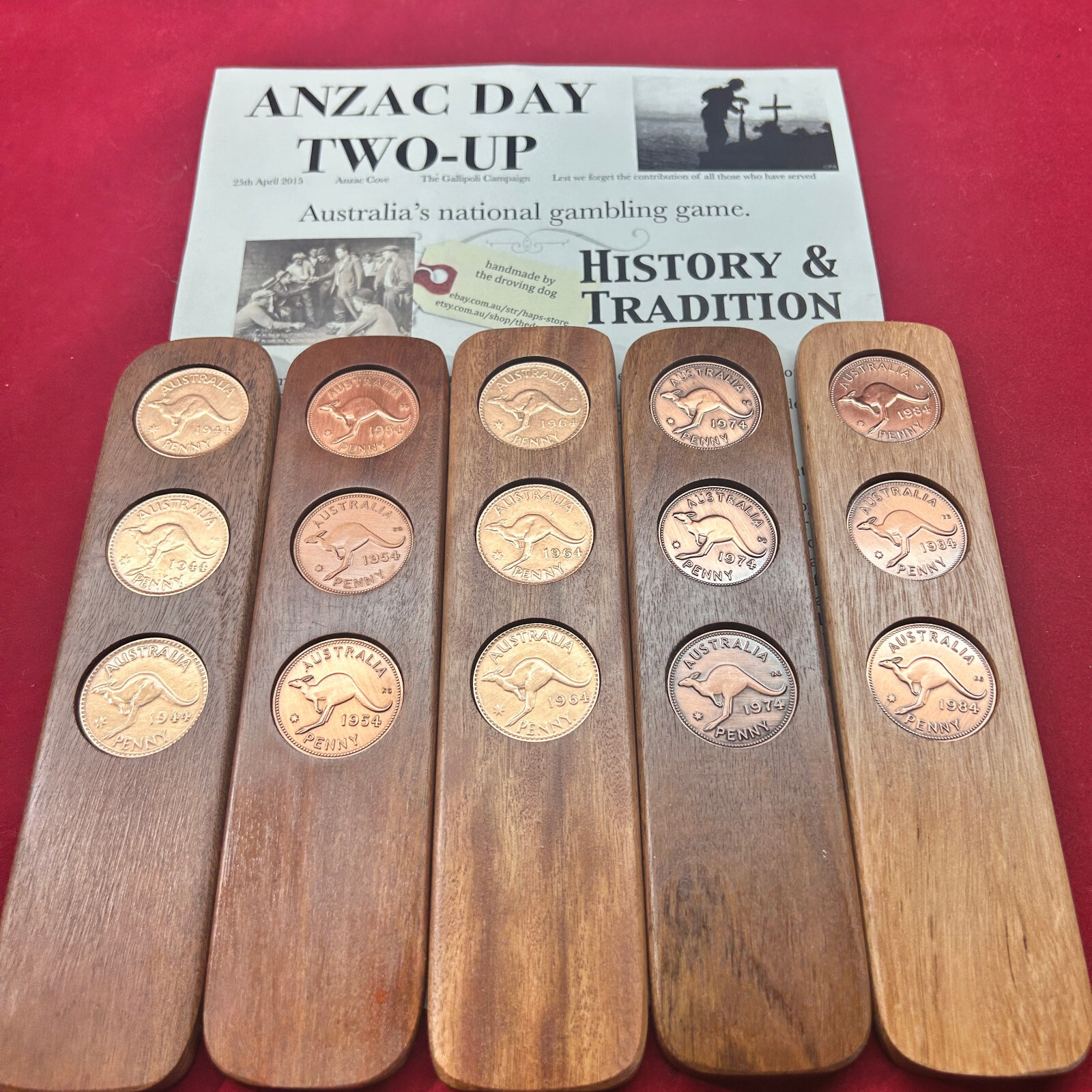 70th Birthday Gift Present Hardwood Two-Up Game 1954 Australian pennies two up