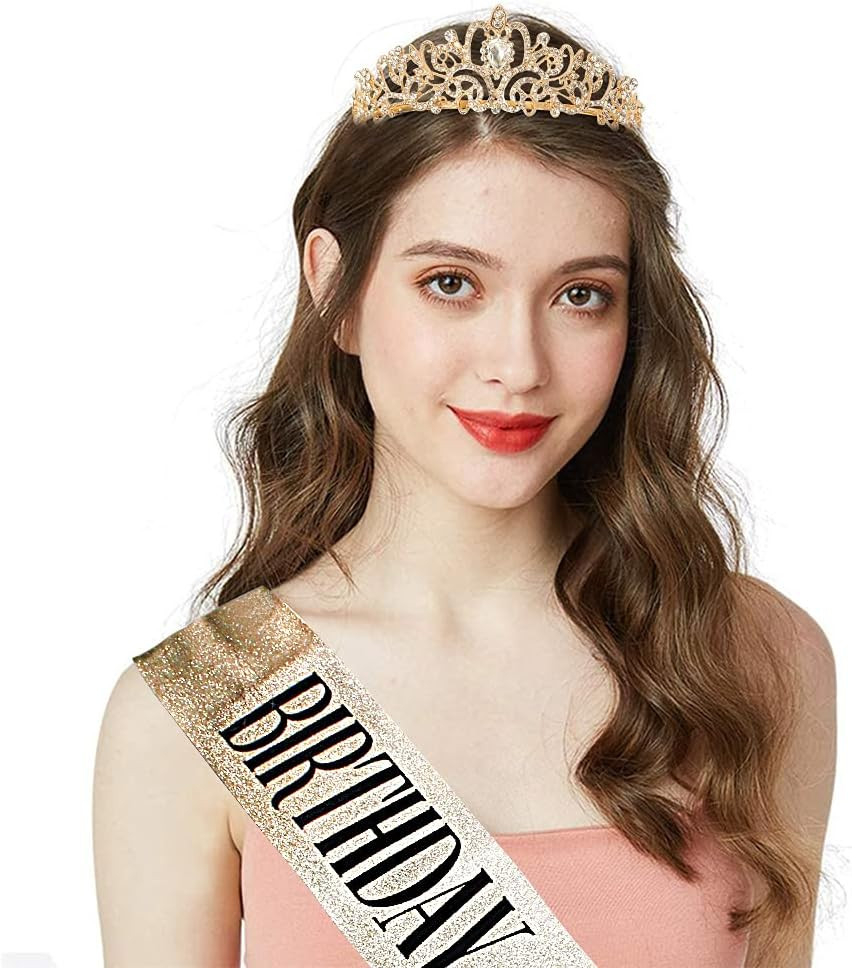 Birthday Queen Sash & Rhinestone Tiara Set Gold Happy Birthday Crowns for Women