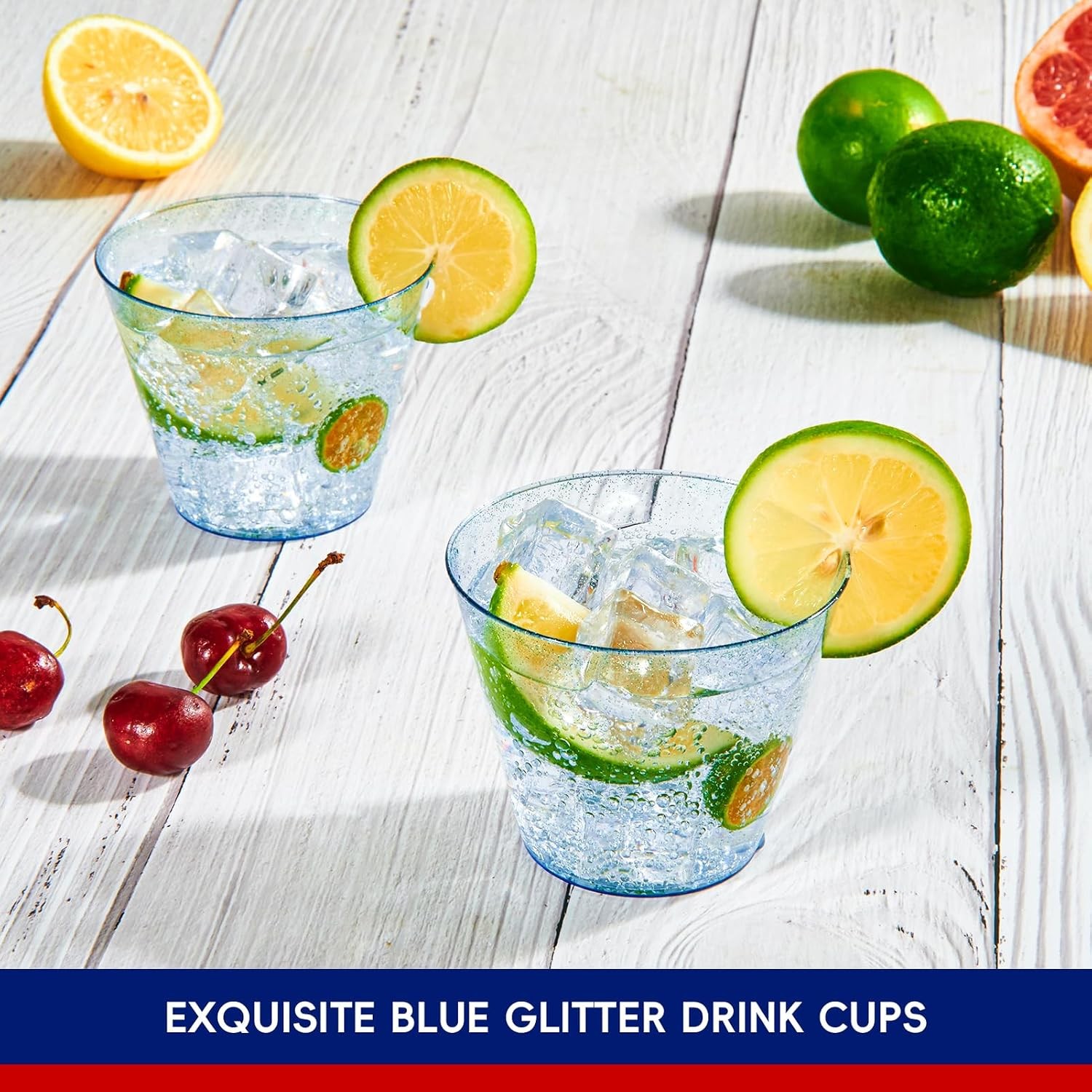 100 Pack 9 oz Blue Plastic Cups, Disposable Cups Tumblers, Elegant Blue Glitter