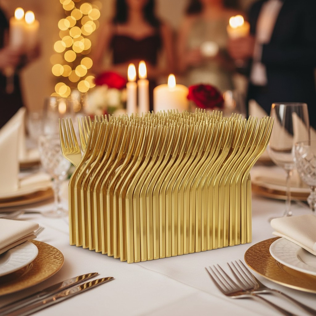 100 Pcs Gold Plastic Forks – Elegant Disposable Utensils for Parties & Events
