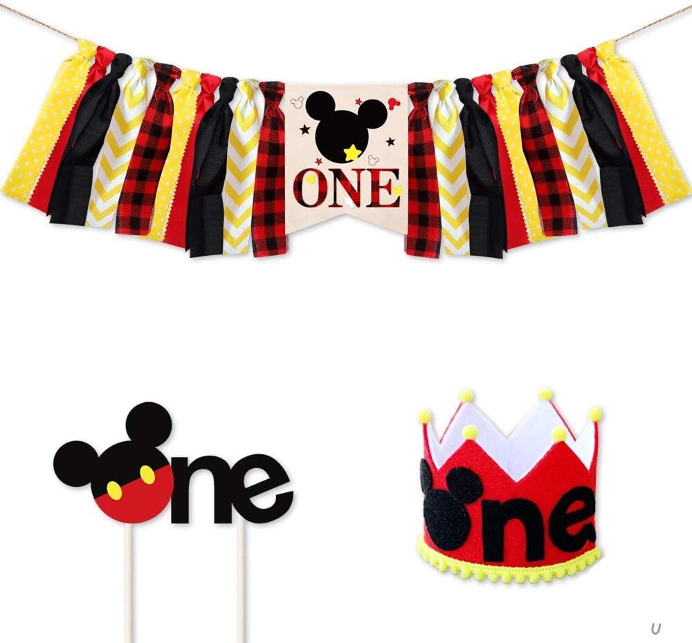 1st Birthday Cartoon Mouse Decorations – Banners, Balloons, Door Hanger, Crown..