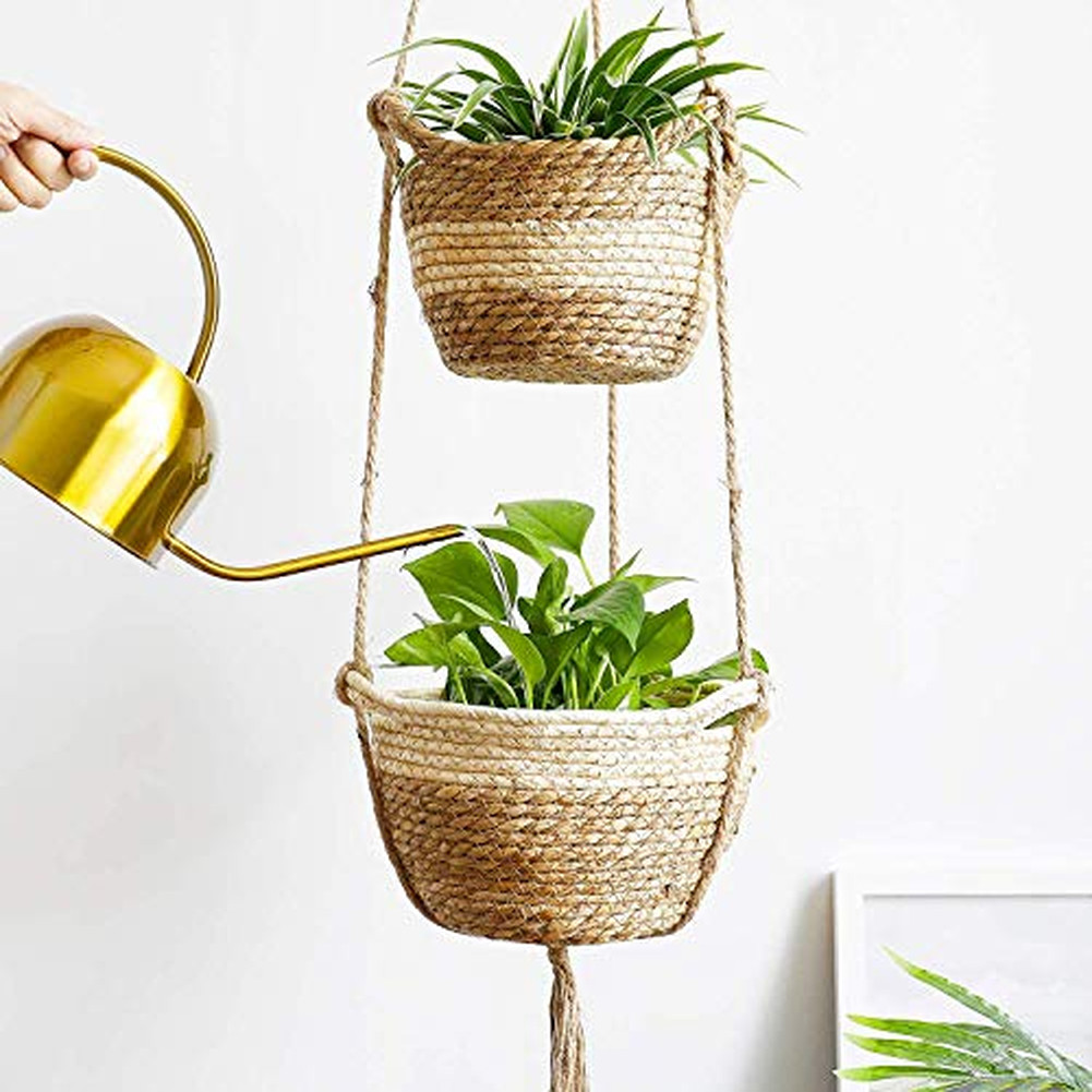 Natural Tone Hanging Plant Basket – Woven Wicker for Contemporary Home Decor