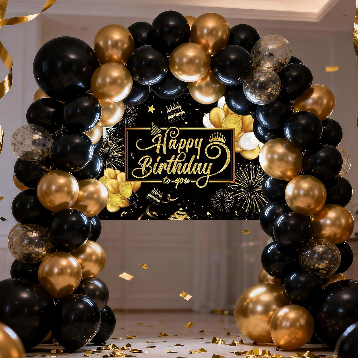 Happy Birthday Backdrop Banner, Black and Gold Birthdays Banner Backdrop, Hap…