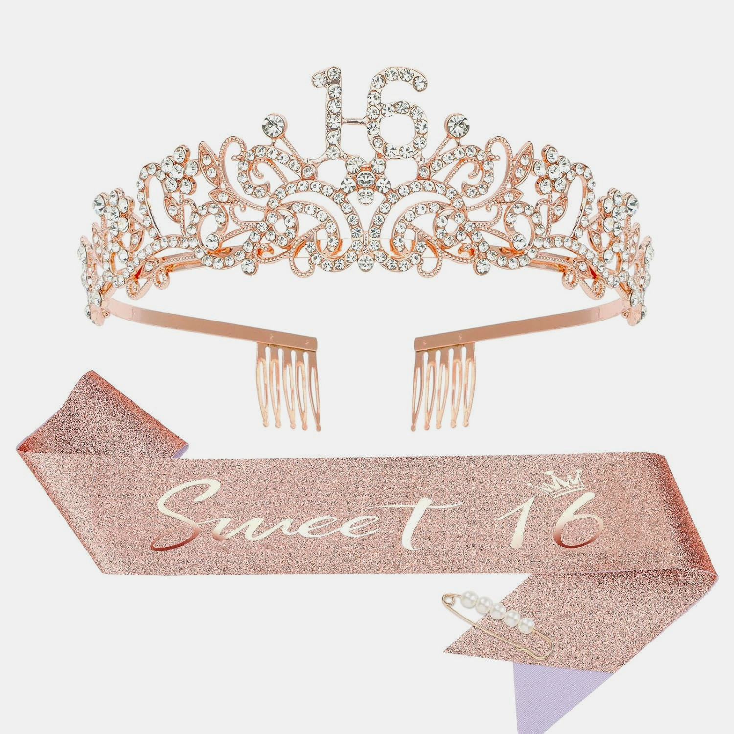 SWEET 16 ROSE GOLD BIRTHDAY CROWN / TIARA AND SASH WITH FAUX PEARL PIN NEW