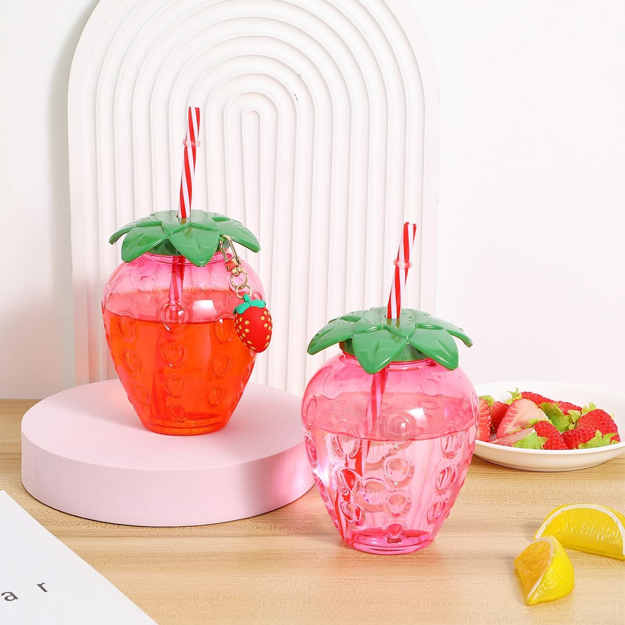 DOITOOL Strawberry Cup 4.7 Inch Reusable Plastic Tumbler 0.6 Ounces, Pink